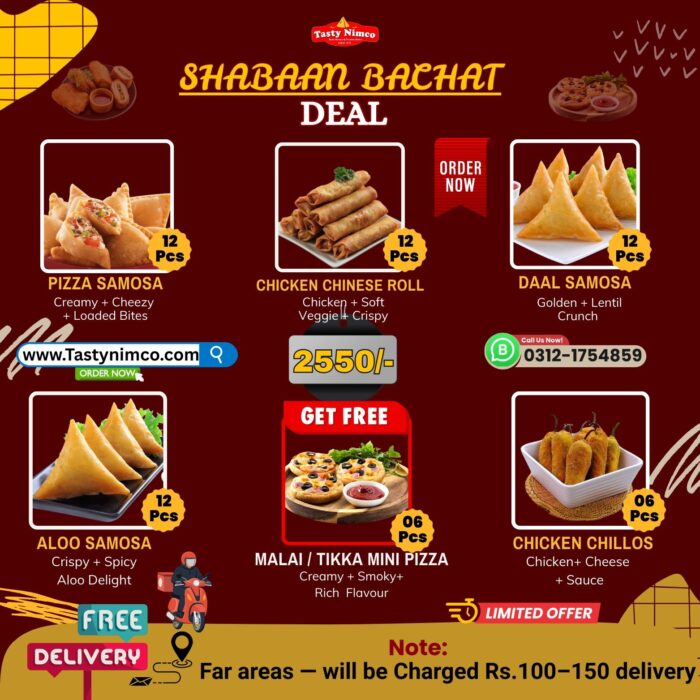 Shabaan Bachat Deal – Pizza Samosa, Chicken Rolls, Samosas + FREE Tikka/Malai Boti Pizza | Tasty Nimco - Image 1